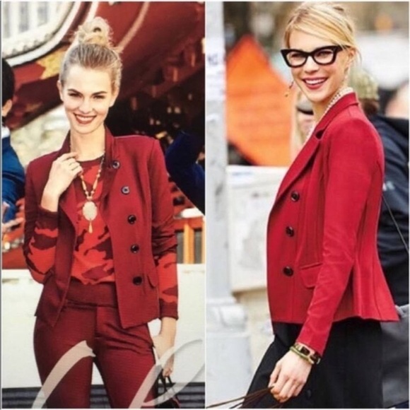 Cabi Rhubarb Military Red Ponte Knit Asymmetrical Outing Blazer Jacket 2 - Picture 2 of 5